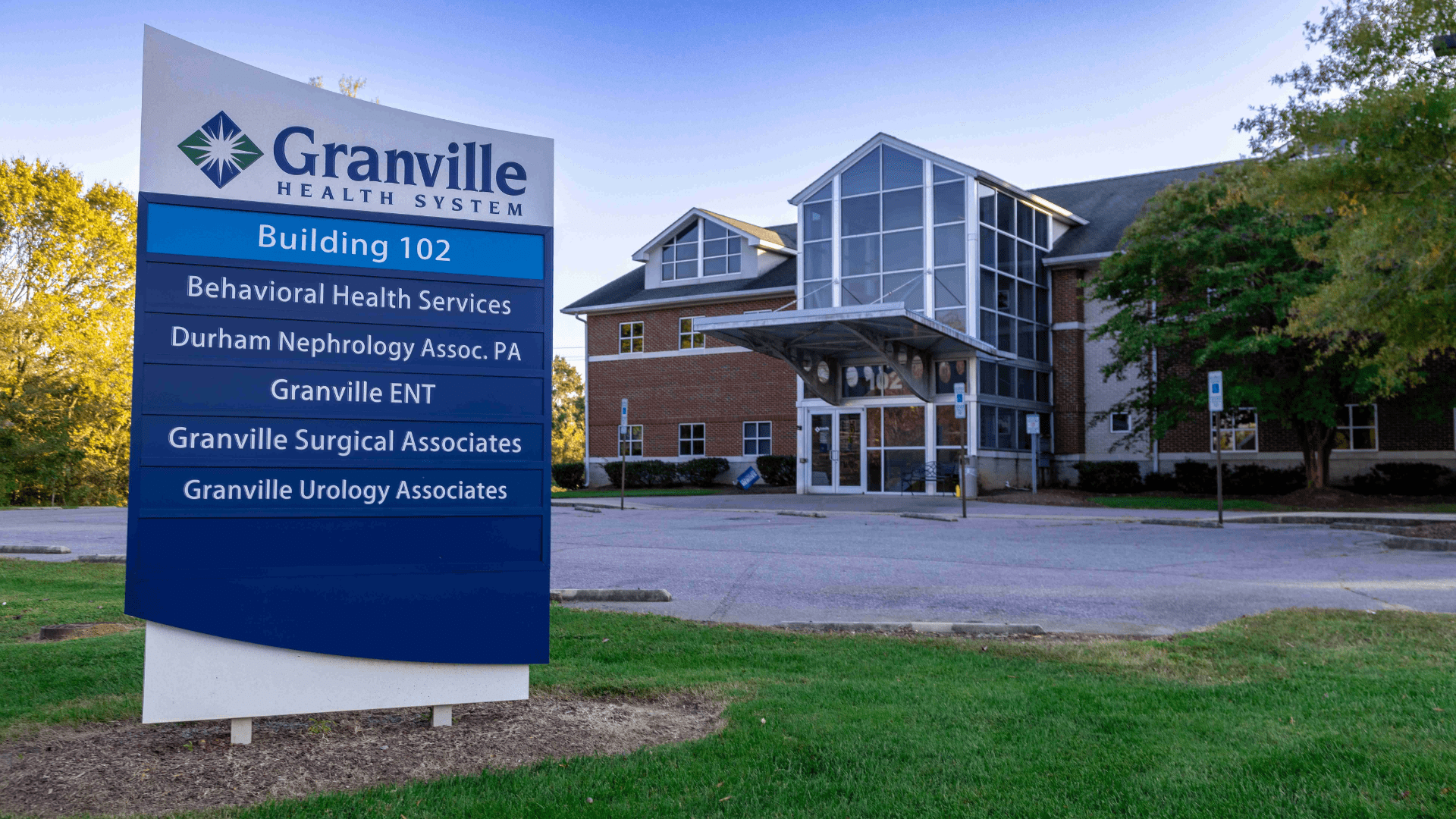 Front of Granville Behavioral Health building with a GHS sign that showcases the various specialties at the location, such as Granville ENT and Granville Surgical Associates.