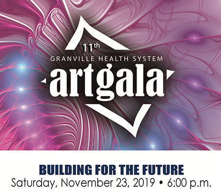 2019 Art Gala graphic with white type over pink illustrated background