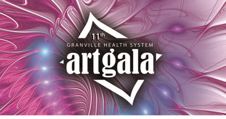 2019 Art Gala graphic with white type over pink illustrated background