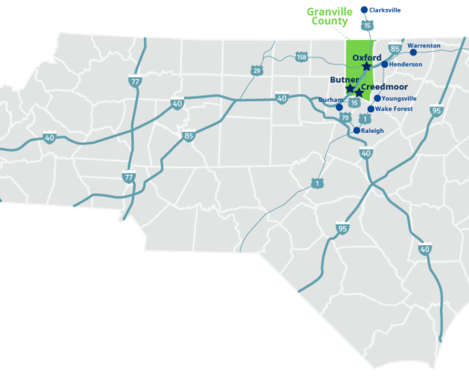 Map of North Carolina with locations of GHS facilities highlighted | Granville Health System