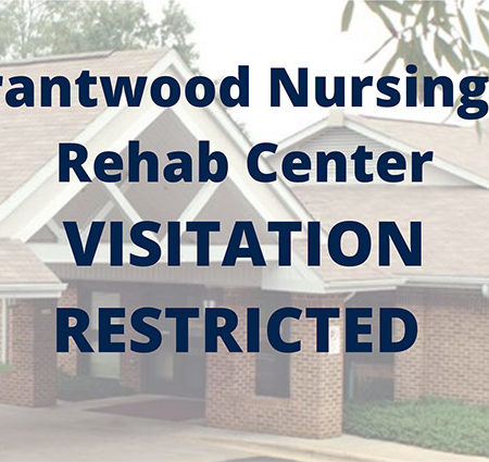 Dark blue sans-serif type over photo of Brantwood Nursing and Rehab Center