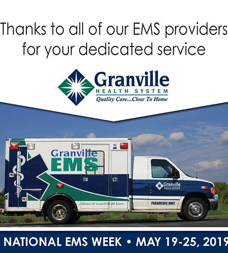 Granville Health System Celebrates EMS Week graphic showing ambulance with sans-serif type above and below