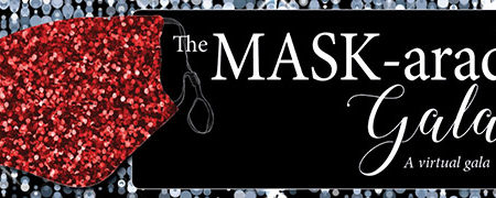 Graphic showing sparkly red mask promoting the MASK-arade Gala