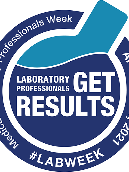 Medical Laboratory Professional Week Logo - Navy blue and turquoise circle logo with white sans-serif type