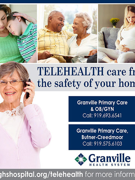 TELEHEALTH graphic with navy blue serif type and photo collage