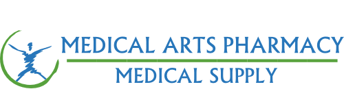 Medical Arts Pharmacy Medical Supply logo. The words in blue to the right of a blue person with their arms and legs out.