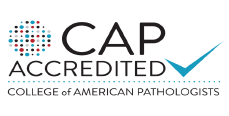 College of American Pathologists Logo - Black sans-serif type with turquoise checkmark and circular dotted graphic in upper left