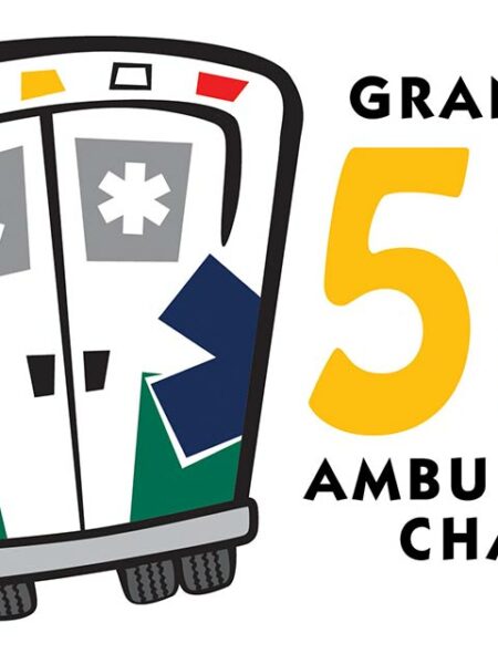 Graphic showing ambulance illustration with black and yellow sans-serif type to right