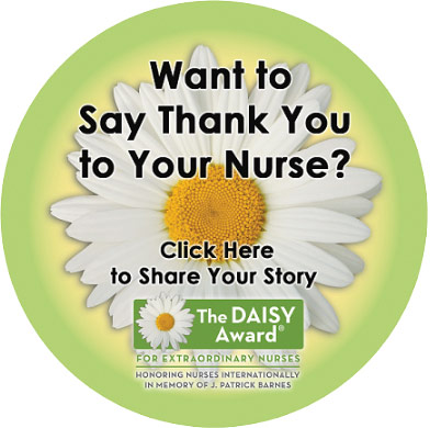 Graphic showing The DAISY Award Logo with photo of daisy and black sans-serif type