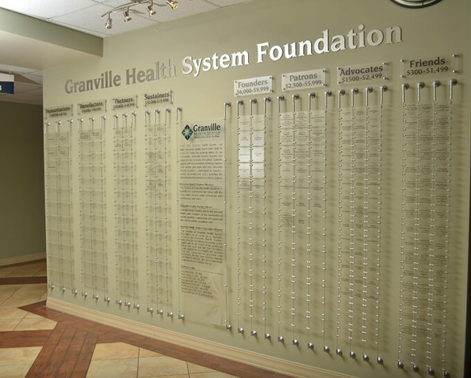 Photo of Granville Health System Foundation donation plaques on a wall