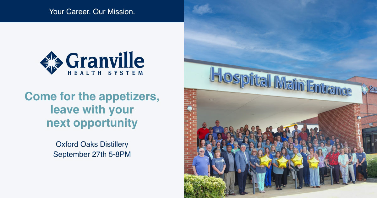 Graphic showing photo of Granville Health System Hospital entrance with Granville Health System logo and dark blue and turquoise sans-serif type to left