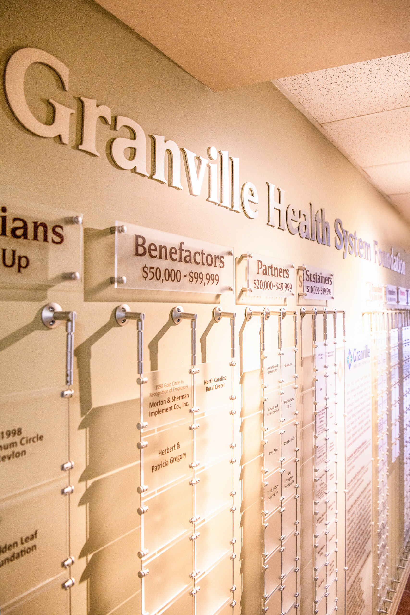 Granville Health System's Giving Wall showing names of donors