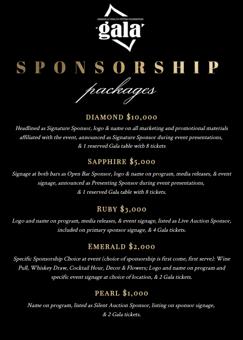 GHS Foundational Gala sponsorship packages, ranging from $1,000 to $10,000.